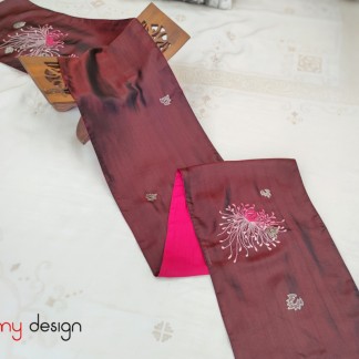 Dark red silk scarf hand-embroidered with chrysanthemum 25*200 cm